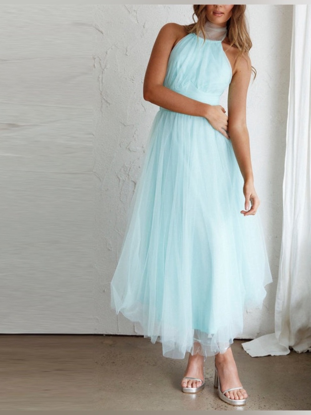 Selfie Leslie Mint Blue Tulle Halter Midi Dress